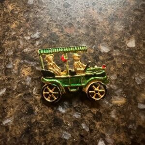 vintage enamel green antique car brooch pin
